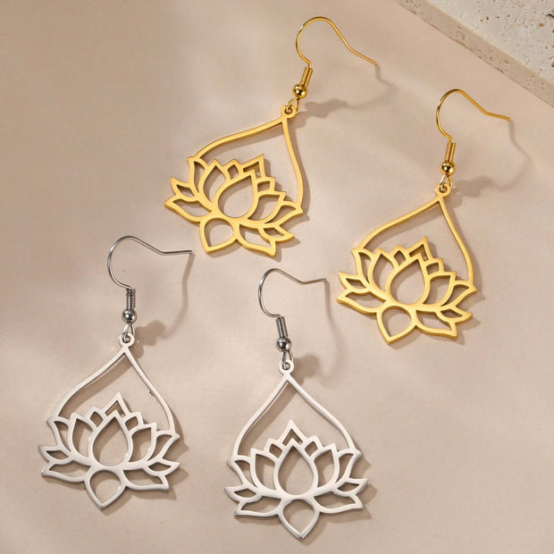 Bohemian Lotus Flower Dangle Earrings with Unalome Pendant - Stainless Steel Yoga Jewelry for WomenAnniversary Gifts,Birthday Gifts,Bohemian earrings,Buddhist jewelry,Christmas Gifts,Gift earrings,Gifts,Gifts for Girlfriend,Gifts for Her,Gifts for Mom,Gif