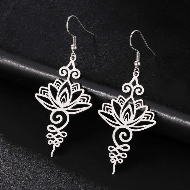 Bohemian Lotus Flower Dangle Earrings with Unalome Pendant - Stainless Steel Yoga Jewelry for WomenAnniversary Gifts,Birthday Gifts,Bohemian earrings,Buddhist jewelry,Christmas Gifts,Gift earrings,Gifts,Gifts for Girlfriend,Gifts for Her,Gifts for Mom,Gif