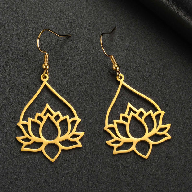 Bohemian Lotus Flower Dangle Earrings with Unalome Pendant - Stainless Steel Yoga Jewelry for WomenAnniversary Gifts,Birthday Gifts,Bohemian earrings,Buddhist jewelry,Christmas Gifts,Gift earrings,Gifts,Gifts for Girlfriend,Gifts for Her,Gifts for Mom,Gif